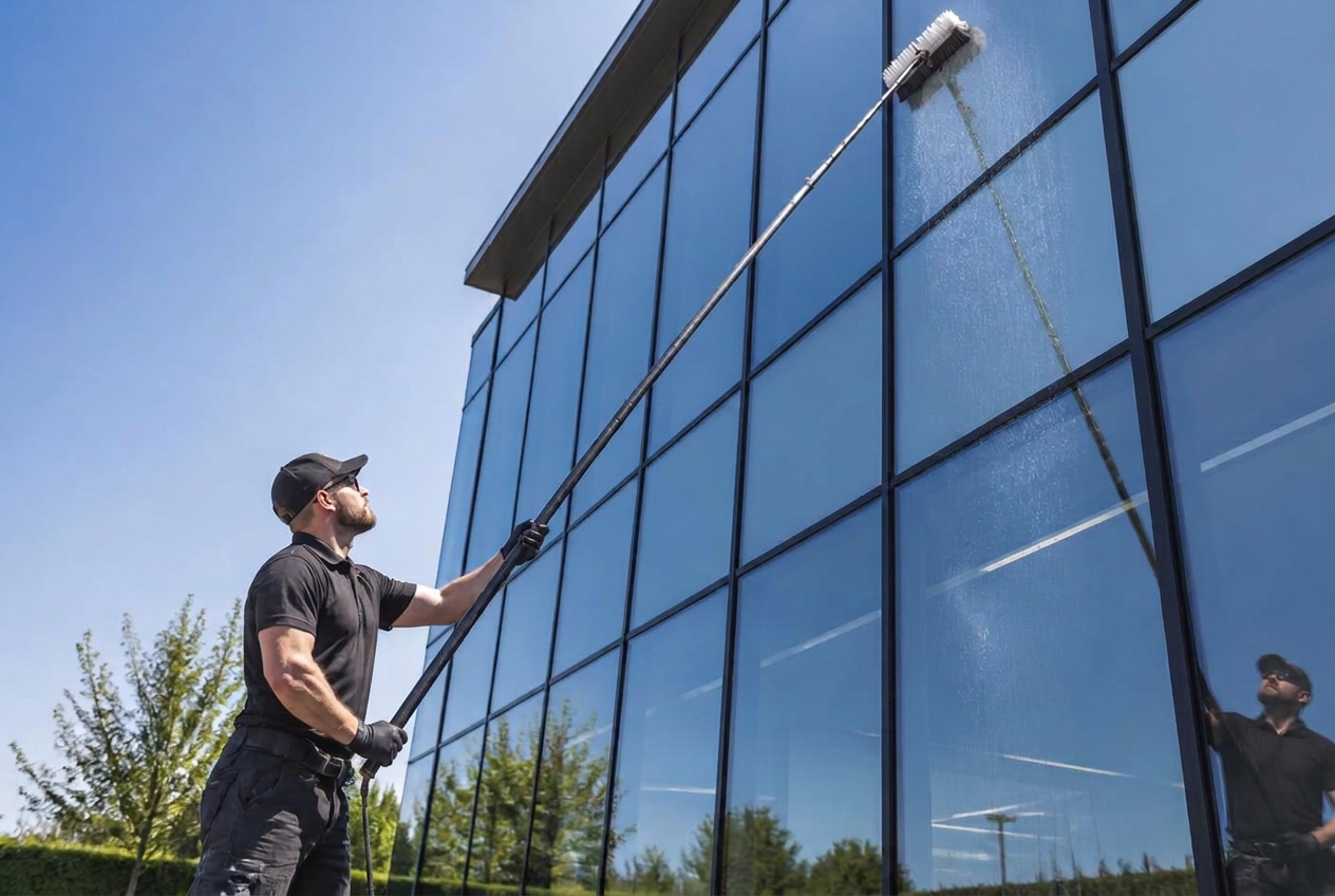 Fensterputzer reinigt eine große Glasfläche streifenfrei