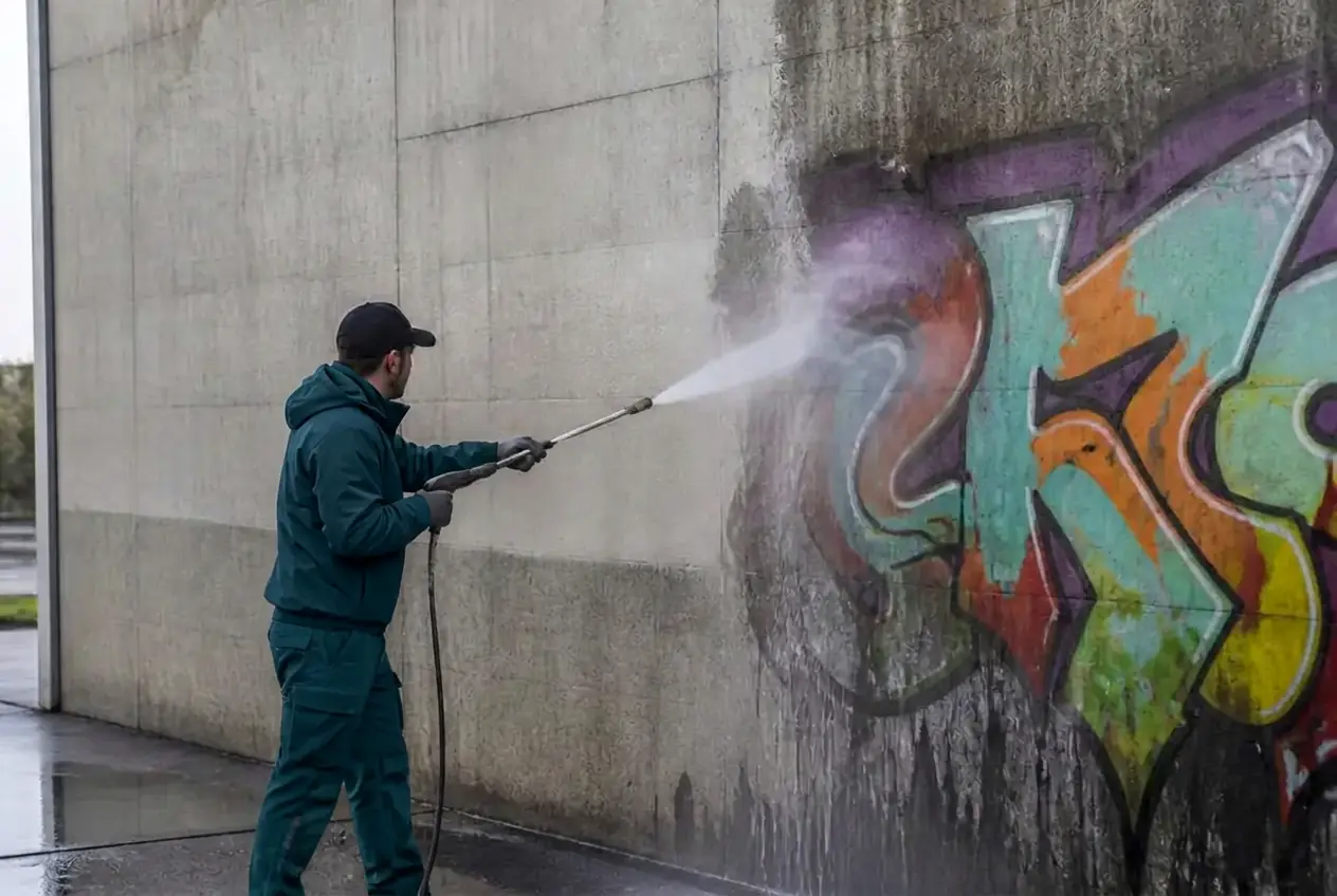 Mitarbeiter entfernt Graffiti mit Hochdruckreiniger von einer Betonwand