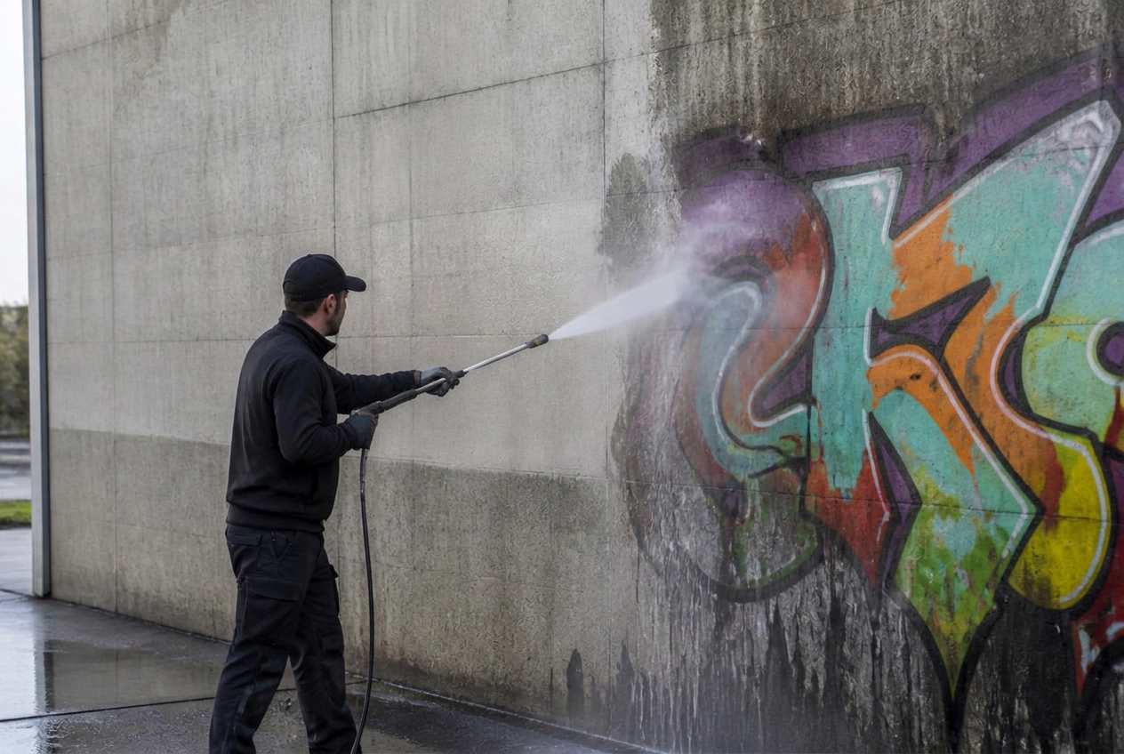 Mitarbeiter entfernt Graffiti mit Hochdruckreiniger von einer Betonwand