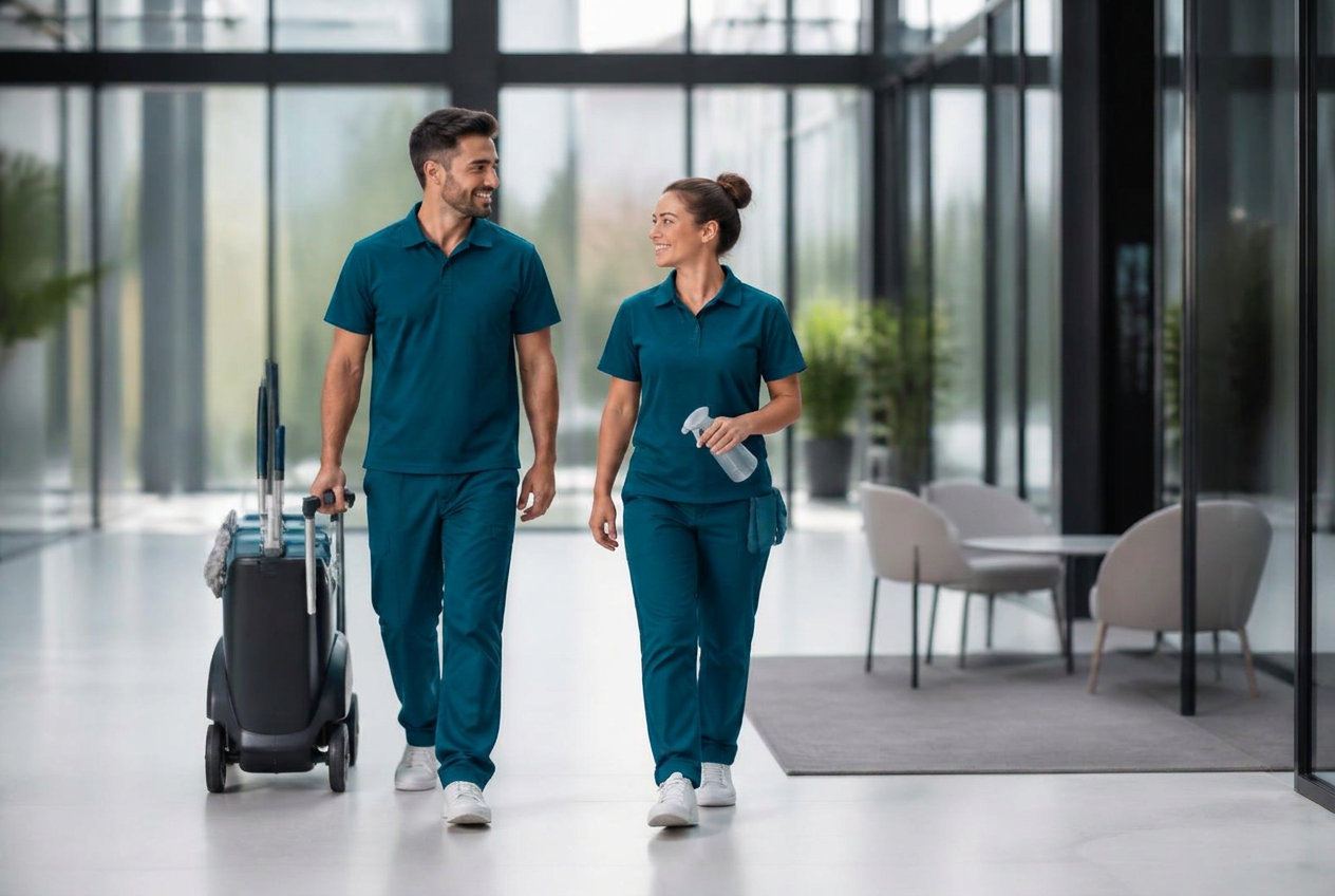 Team von Clean Advance in Arbeitskleidung im Eingangsbereich eines modernen Bürogebäudes in Lüdenscheid