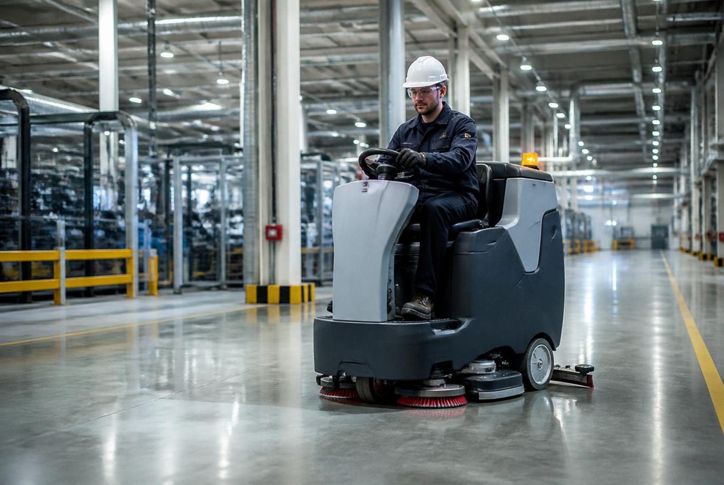 Mitarbeiter reinigt eine Produktionshalle mit einer Aufsitz-Scheuersaugmaschine bei einer Industriereinigung
