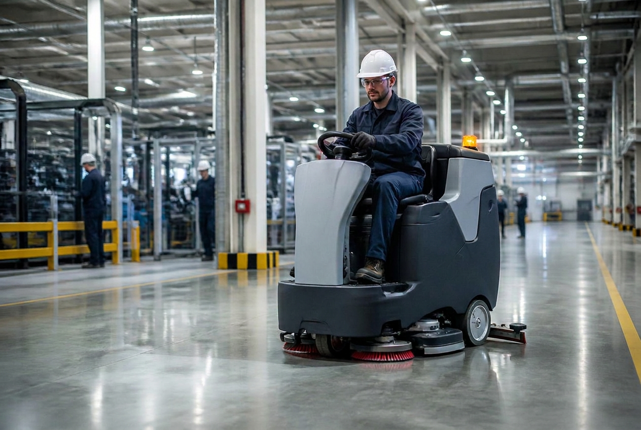 Mitarbeiter reinigt eine Produktionshalle mit einer Aufsitz-Scheuersaugmaschine bei einer Industriereinigung