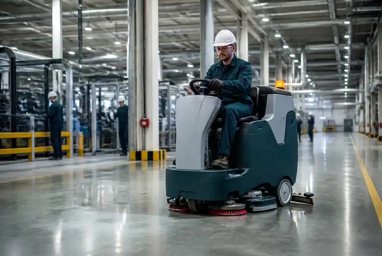 Mitarbeiter reinigt eine Produktionshalle mit einer Aufsitz-Scheuersaugmaschine bei einer Industriereinigung