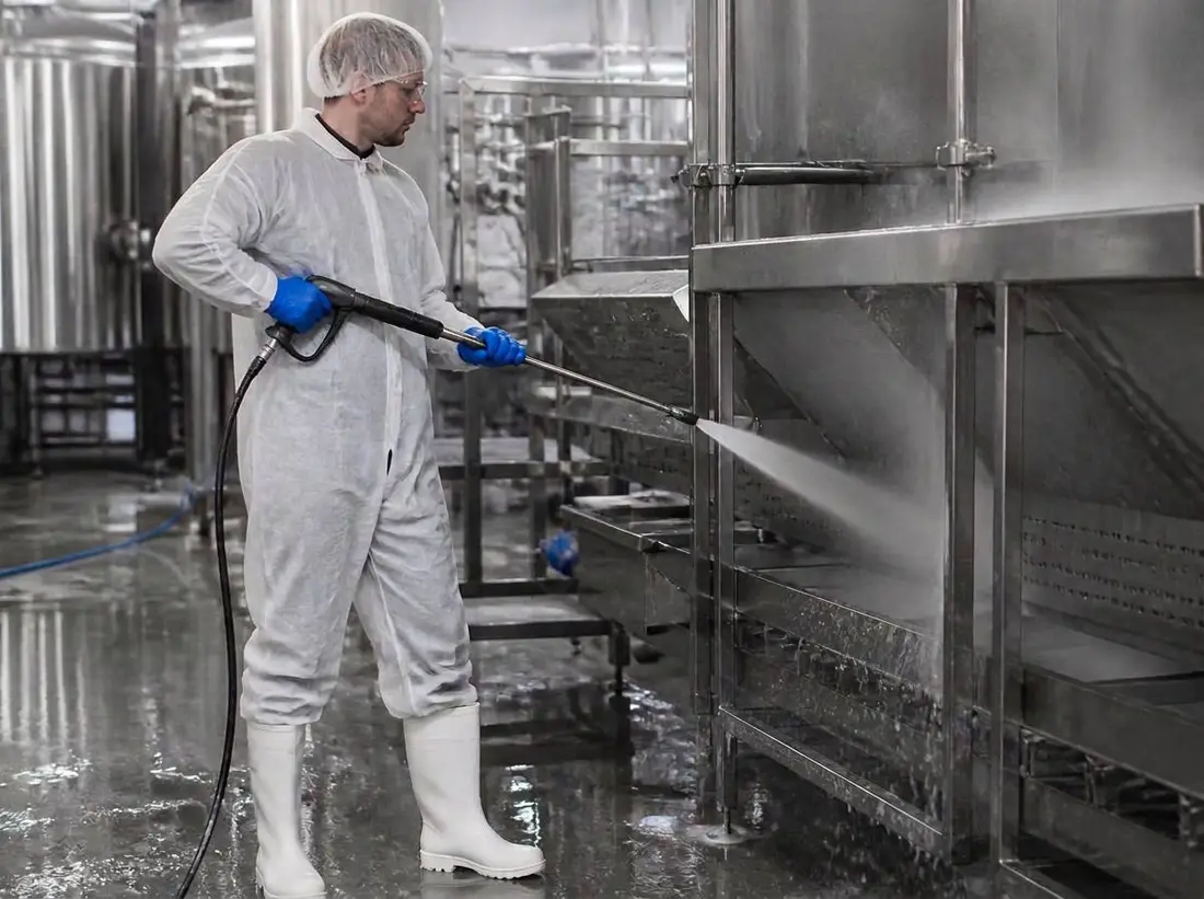 Hygienische Anlagenreinigung in einem Produktionsbetrieb der Lebensmittelindustrie
