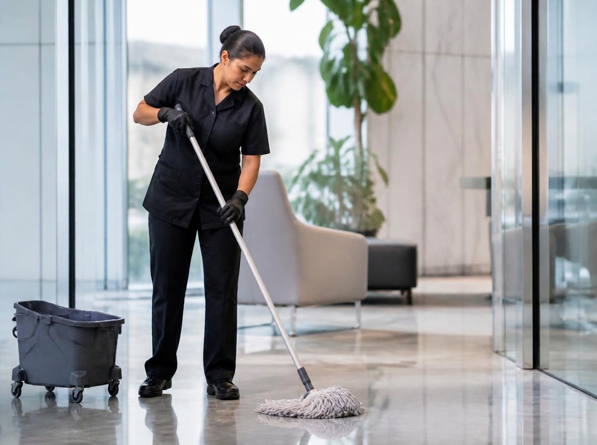 Reinigungskraft von Clean Advance bei der Unterhaltsreinigung in einem Gewerbeobjekt